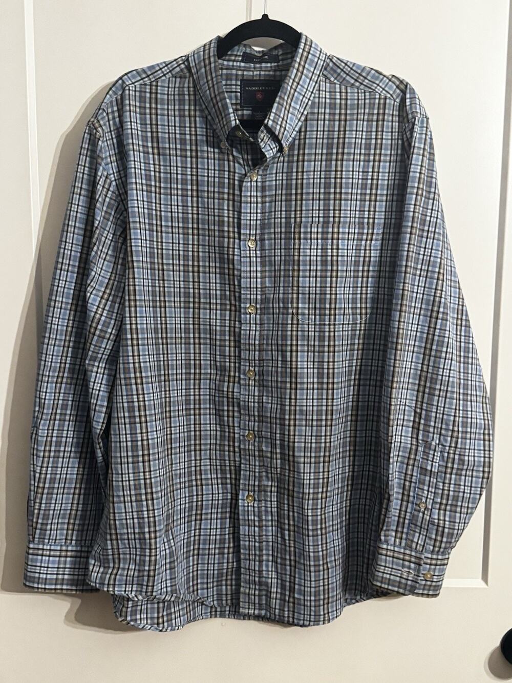 Saddlebred Easy Care Long Sleeve Button Down Size L Blue Plaid Preppy Academia